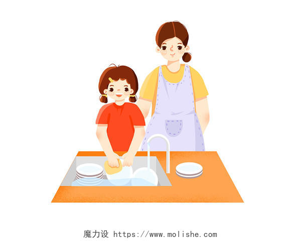 妈妈辛苦了卡通手绘女孩帮妈妈洗碗png素材